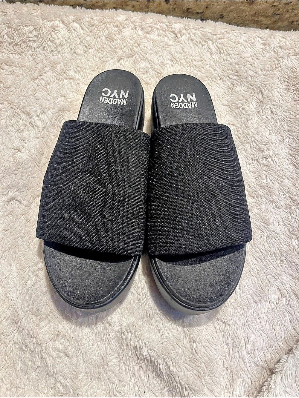 Madden NYC Black Platform Wedge Slide Sandals Platform Slide Sandals in Black